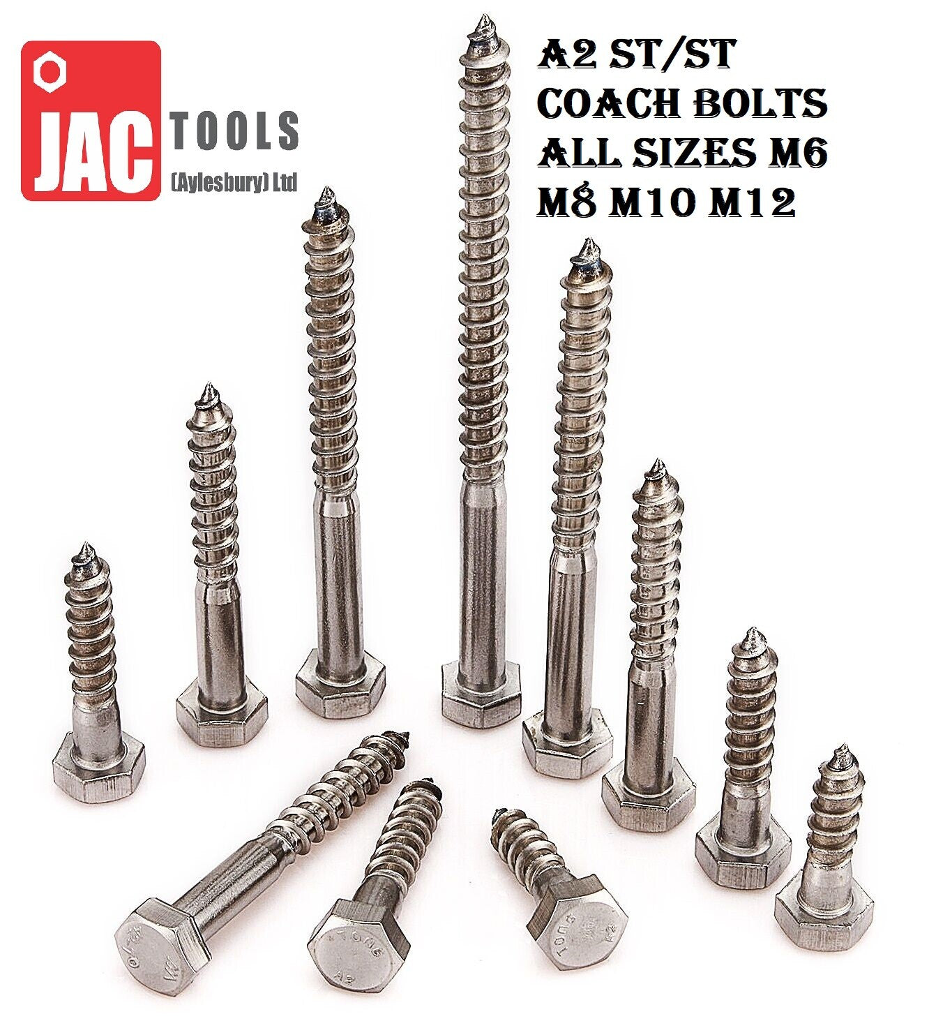 HEX HEAD COACH SCREWS A2 STAINLESS STEEL FOR WOOD HEAVY DUTY BOLT M6 M8 M10 M12