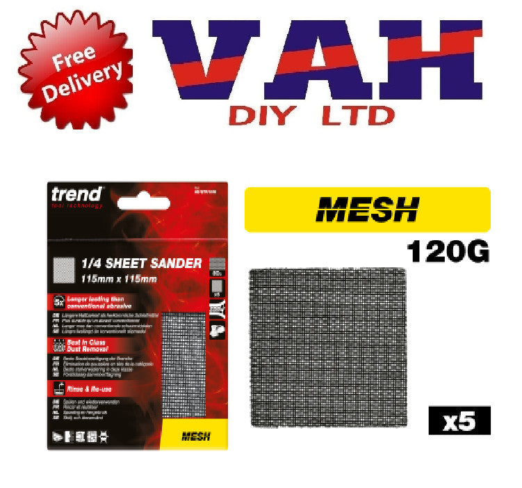 Trend 115mm x 115mm Mesh 1/4 Sanding Sheet 120g 5 Pack