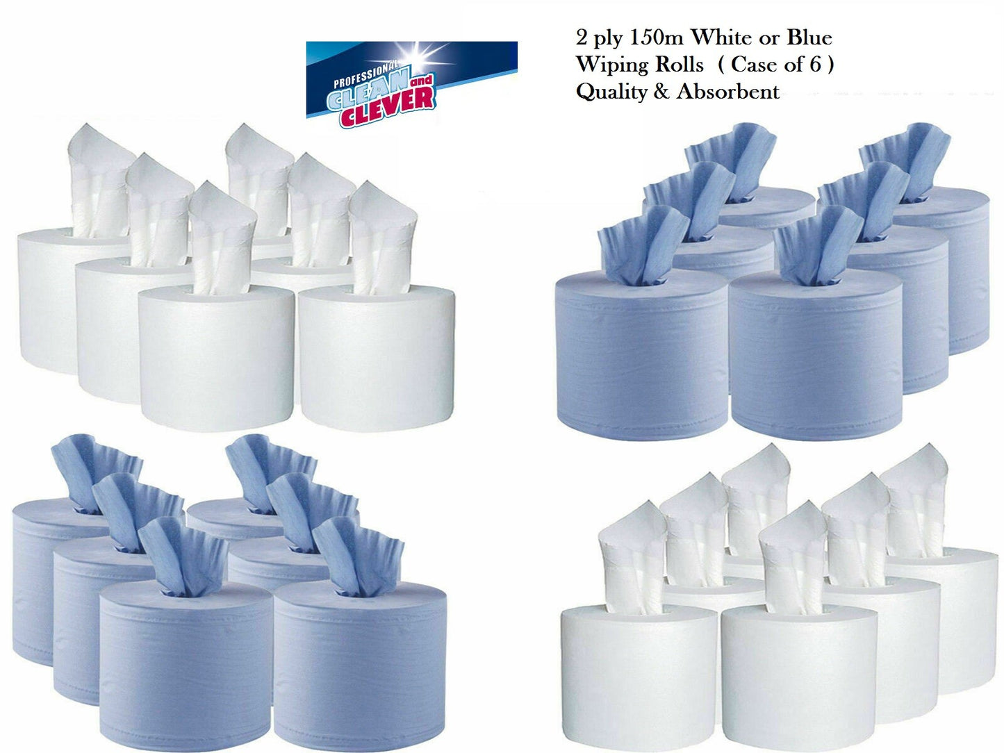 CASE (6) CLEAN & CLEVER PREMIUM CENTRE FEED BARREL WIPING ROLLS 2PLY BLUE/WHITE