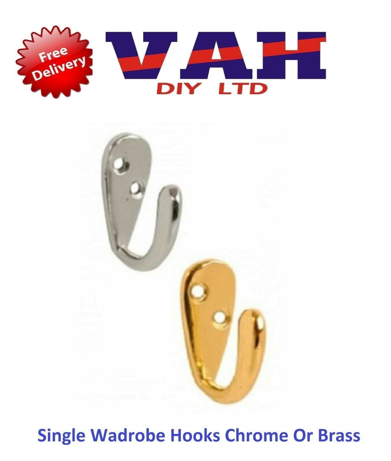 Chrome / Brass Single Robe Hooks Wall/Door Hat Coat Bath Clothes Hanger + Screws