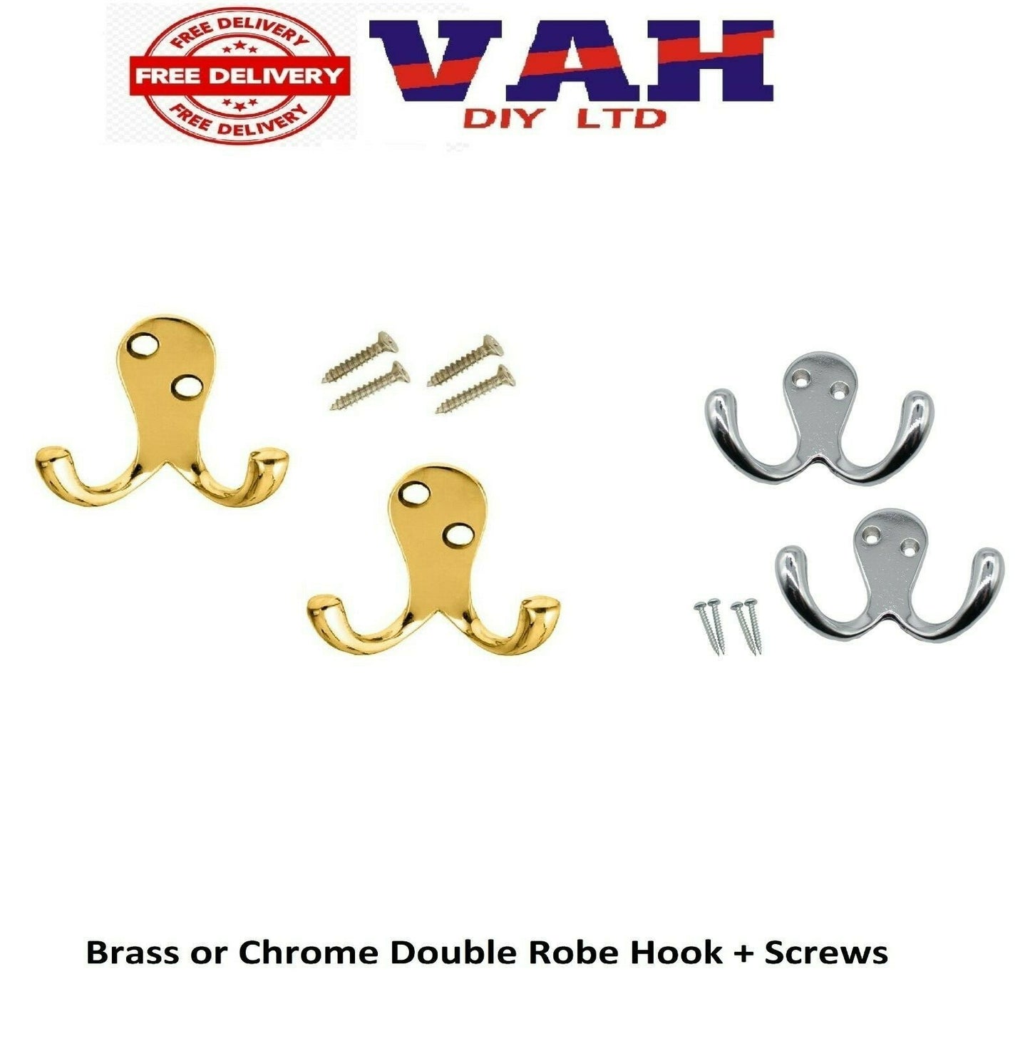Chrome/Brass Twin Double Robe Coat Hooks, Door Dress Bathroom Clothes Hangers