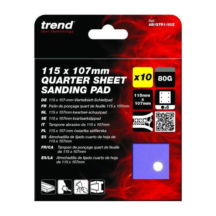 Trend 115mm x 107mm 6-Hole 1/4 Sheet Sanding Pad 80g 10 Pack
