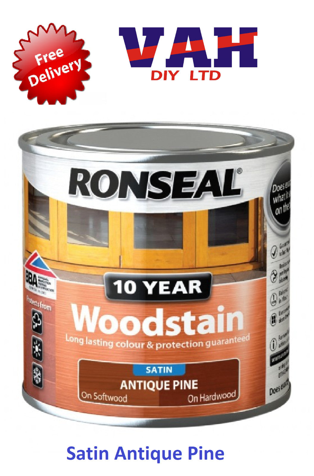 Ronseal 10 Year Woodstain Satin Finish All Colours 250ml ,750ml, 2.5ltr Exterior