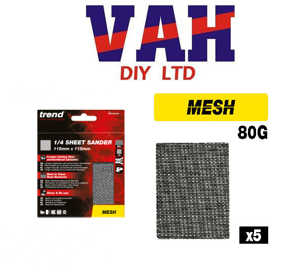 Trend 115mm x 115mm Mesh 1/4 Sanding Sheet 80g 5 Pack