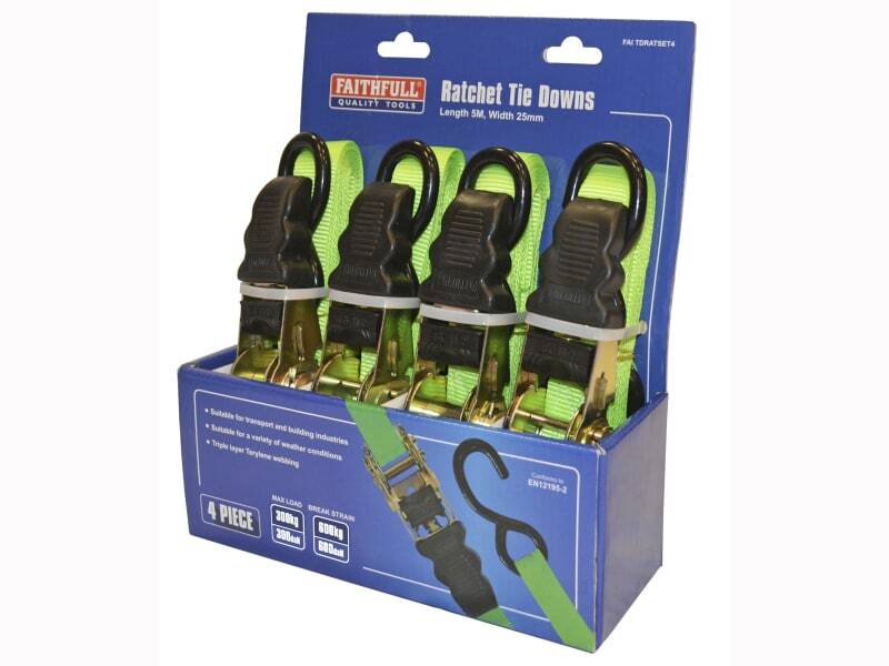 Faithfull Ratchet Tie Down Strap Set 4X Piece 5m x 25mm