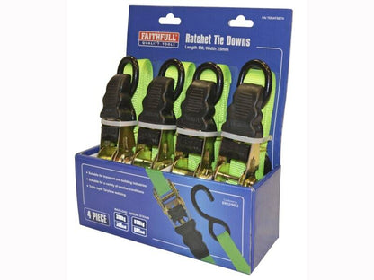 Faithfull Ratchet Tie Down Strap Set 4X Piece 5m x 25mm