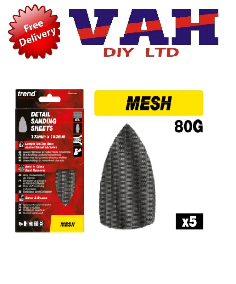 Trend 102mm x 152mm Mesh Detail Sanding Sheet 80g 5pk