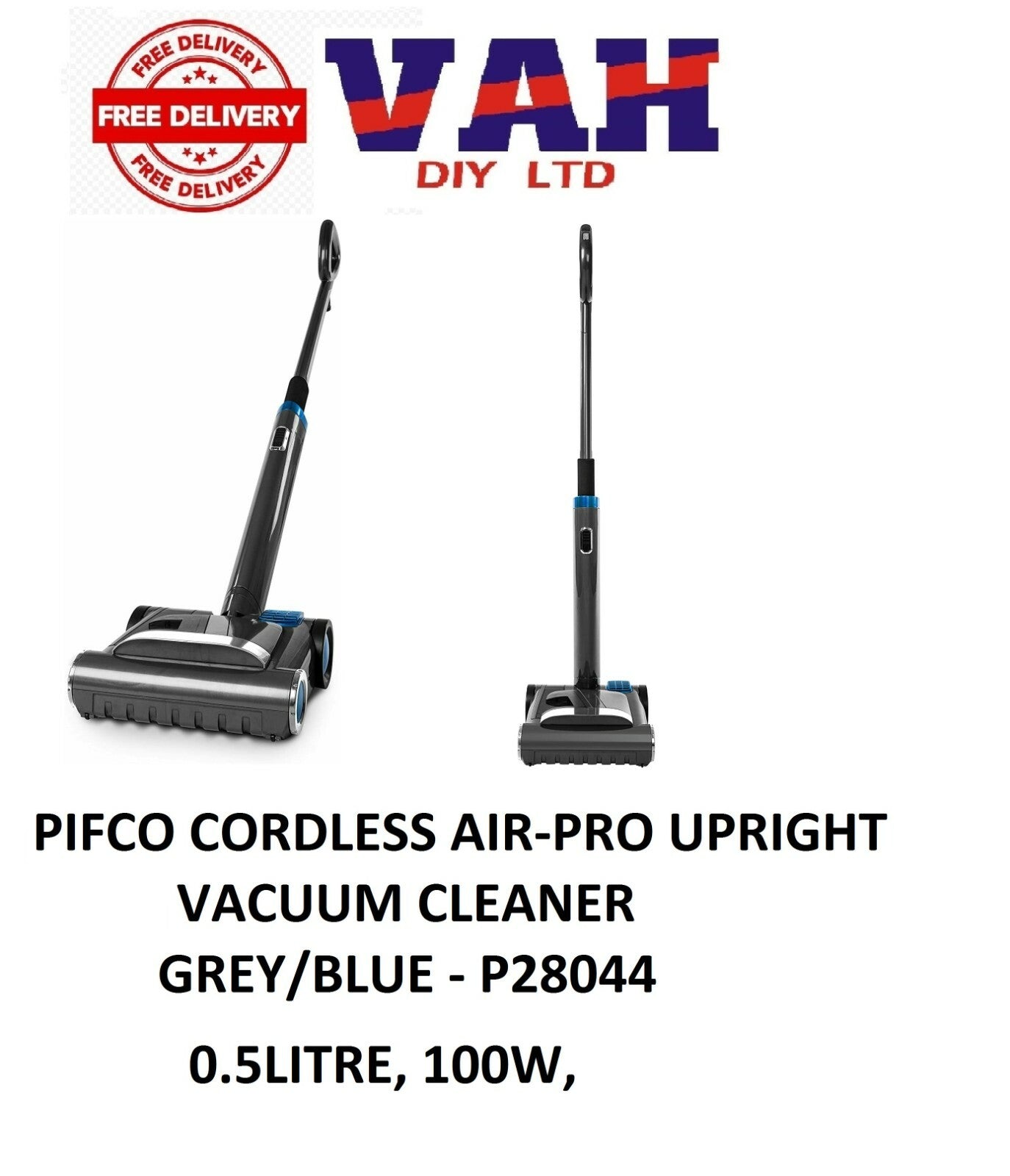 Pifco Cordless Air-Pro Upright Vacuum Cleaner 0.5Litre, 100W, Grey/Blue - P28044