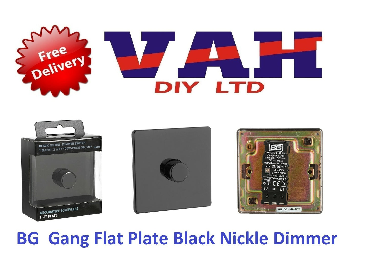 Push Dimmer 400w 1-Gang 2-Way BG Screwless Flat Plate Black Nickel