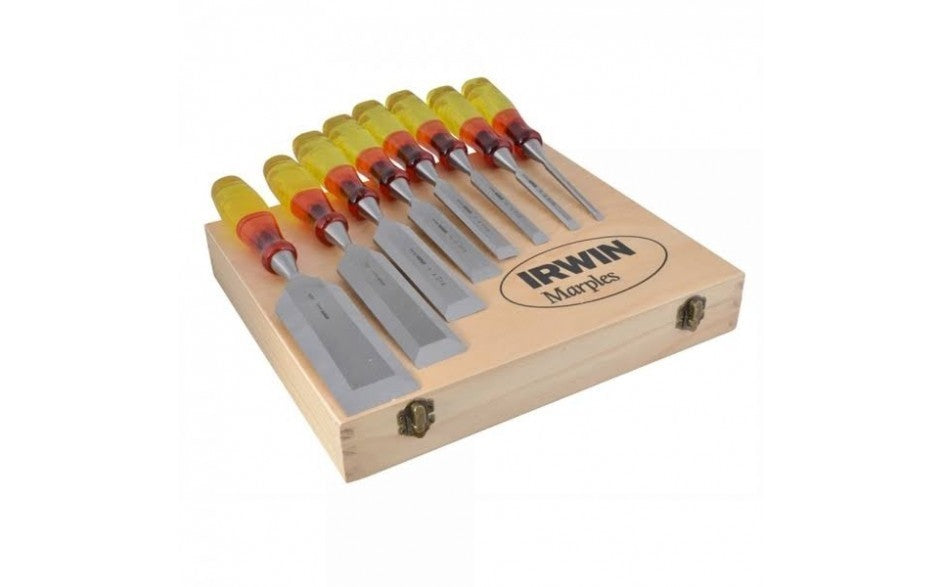 IRWIN MARPLES 8 Piece Split Proof M373 Honed Hand Wood Chisel Set & Case, 6-51mm