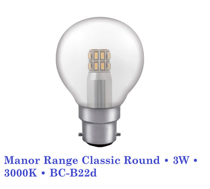 LED Round Lamp • 3W • 3000K • BC , ES, SBC, SES Crompton Manor Range Classic