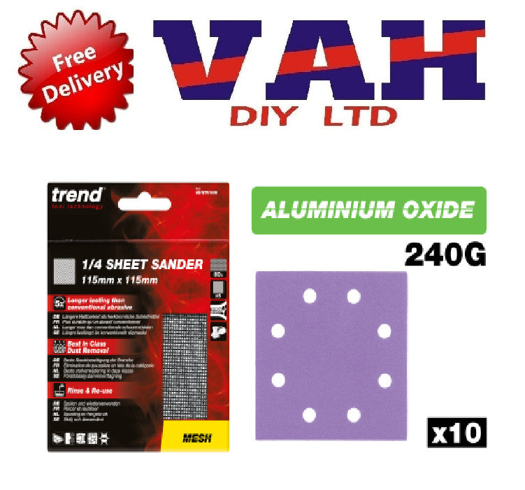 Trend 115mm x 115mm 8-Hole 1/4 Sheet Sanding Pad 240g 10 Pack