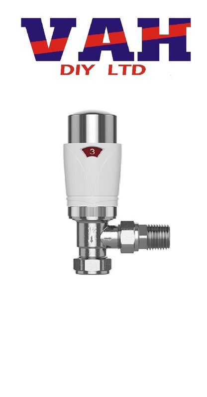 Pro Plus Radiator Angled Valve TRV 15mm - White & Chrome or Head