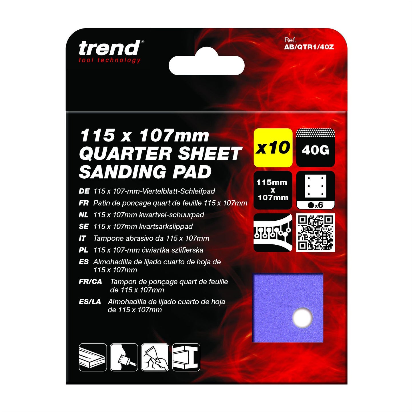 Trend 115mm x 107mm 6-Hole 1/4 Sheet Sanding Pad 40g 10 Pack