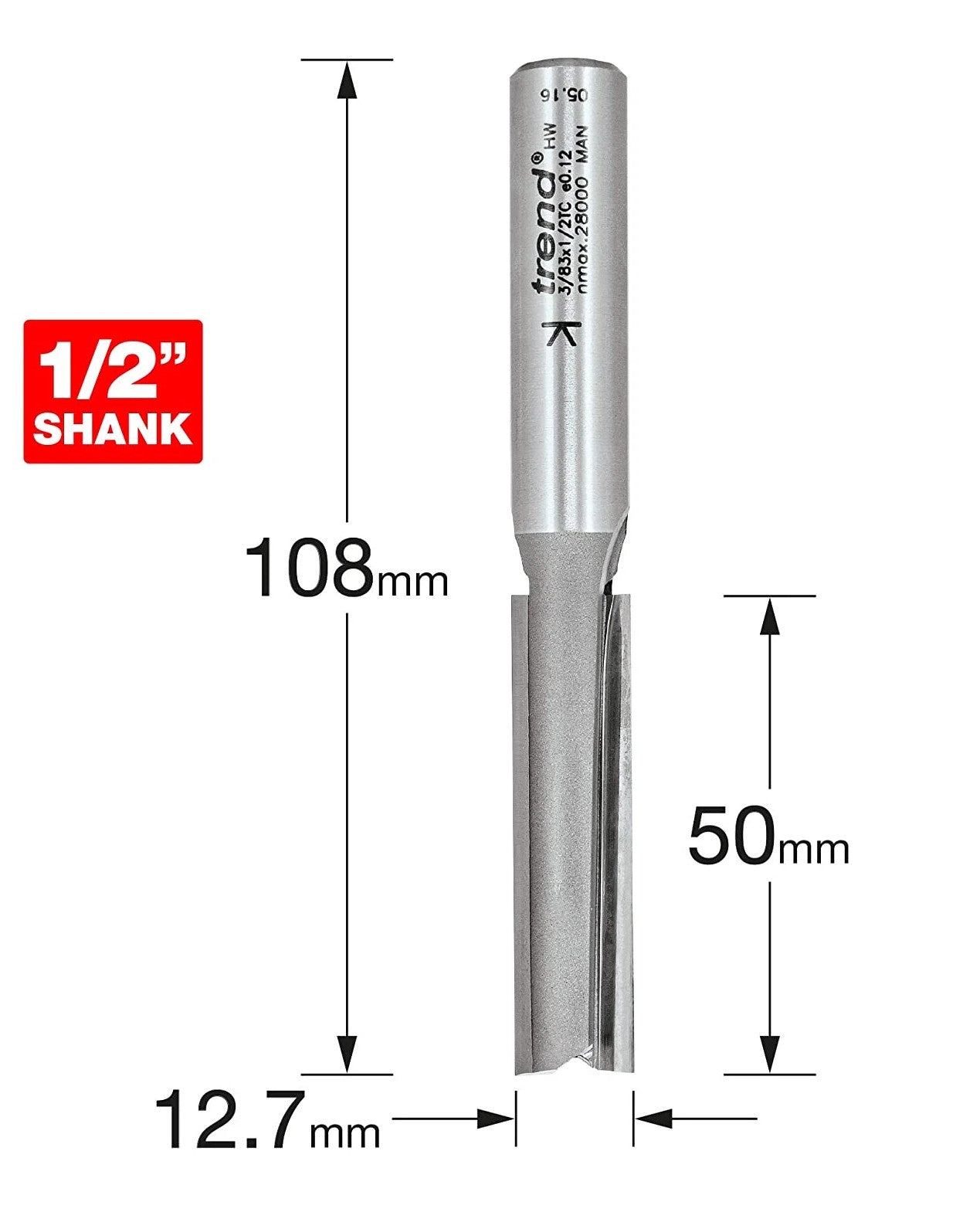 Trend Professional 1/2in Two Flute Cutter 12.7mm x 50mm (3/83X1/2TC)
