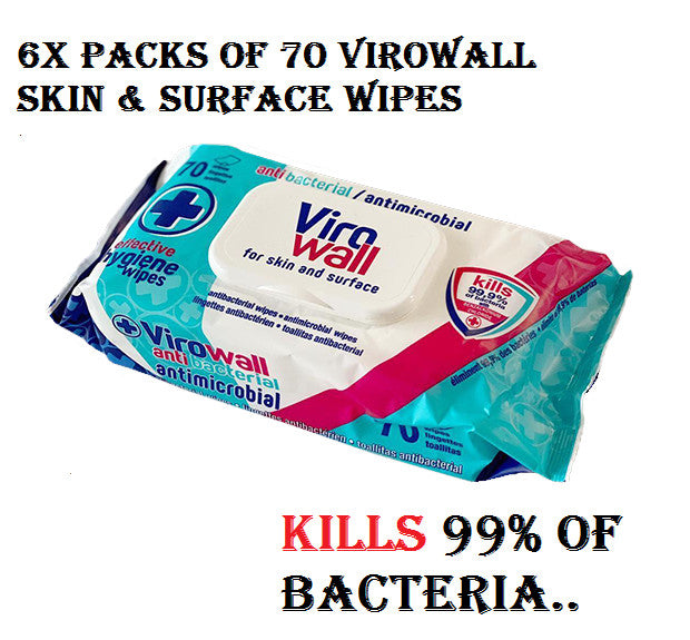 VIROWALL 6X PACKS 70X  SKIN & SURFACE ANTIBACTERIAL WIPES KILLS 99.9 BACTERIA