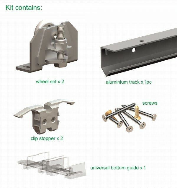 JUPITER Sliding Door Gear. Complete Track and wheels Kit - 30kg/2400mm (1 door)