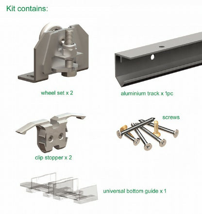 JUPITER Sliding Door Gear. Complete Track and wheels Kit - 30kg/2400mm (1 door)