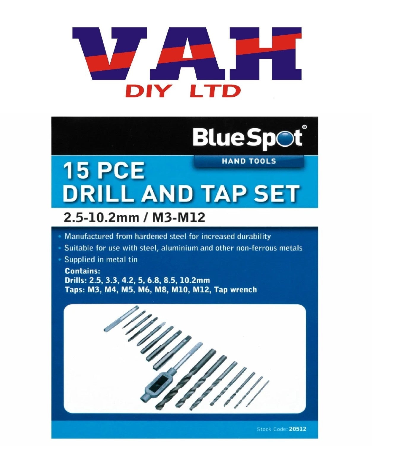 Bluespot 6pc Tap and Drill Bit Set Metric M3 M4 M5 M6 M8 M10 M12 Thread Cutter