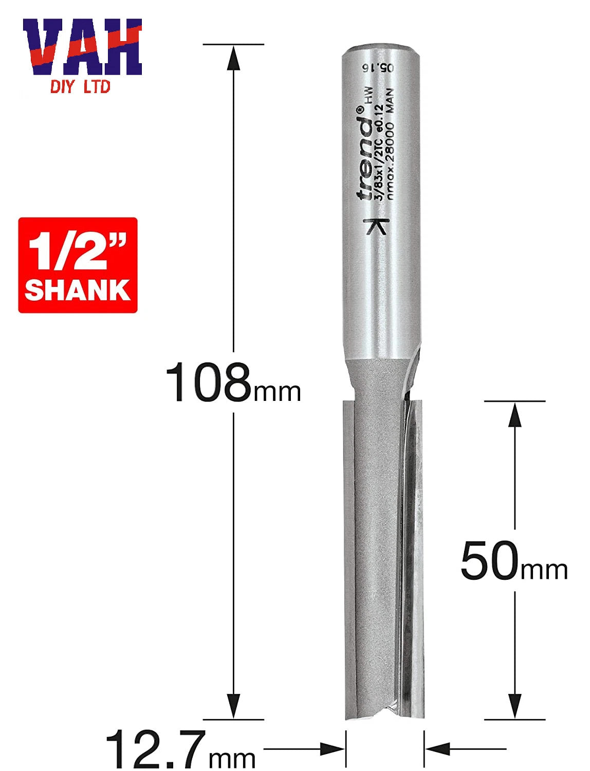 Trend Professional 1/2in Two Flute Cutter 12.7mm x 50mm (3/83X1/2TC)