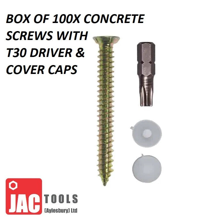 BX 100 CSK CONCRETE SCREW SELF TAPPING JCP BRICK MASONRY & TORK BIT & COVER CAPS