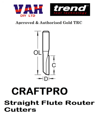 Trend 1/4&1/2  Shank CraftPro TCT 2 Flute Straight Router Cutter Bit FULL RANGE