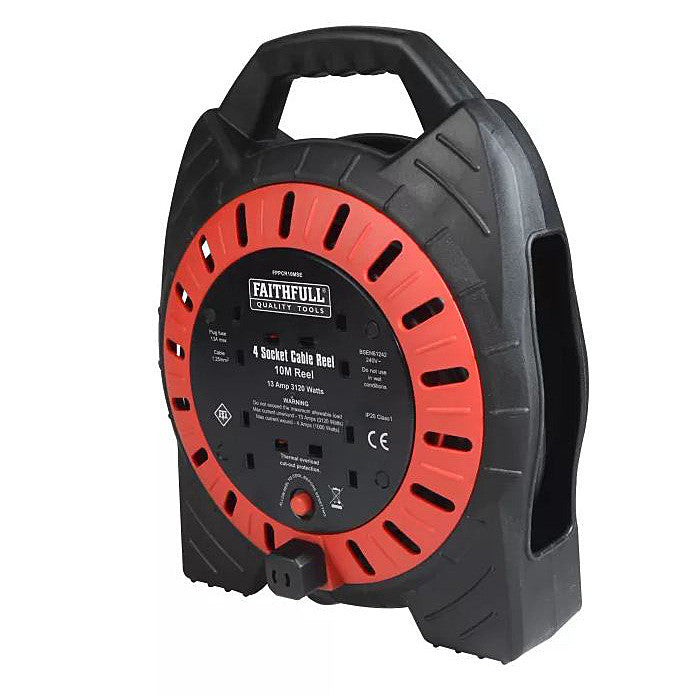 XMS18REEL10 Faithfull Semi Enclosed Cable Reel 240V 10m 13A 4 Sockets