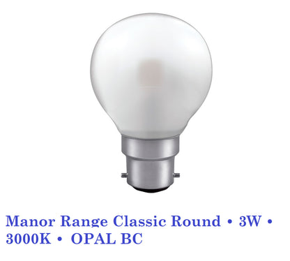 LED Round Lamp • 3W • 3000K • BC , ES, SBC, SES Crompton Manor Range Classic
