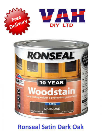 Ronseal 10 Year Woodstain Satin Finish All Colours 250ml ,750ml, 2.5ltr Exterior