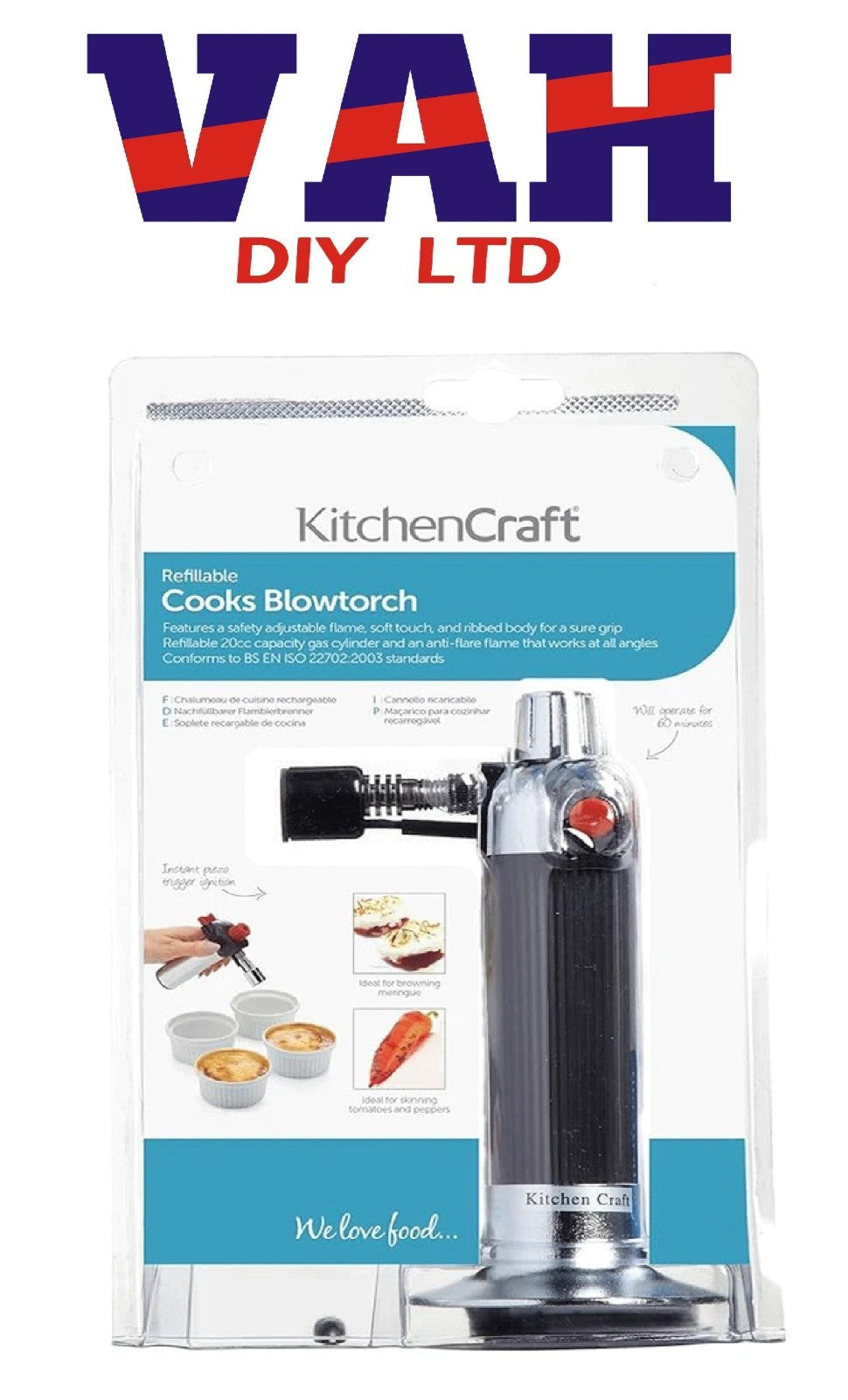 KitchenCraft Self Refillable Gas Food Cooks Blowtorch ,Silver - KCBLOWTORCHCP