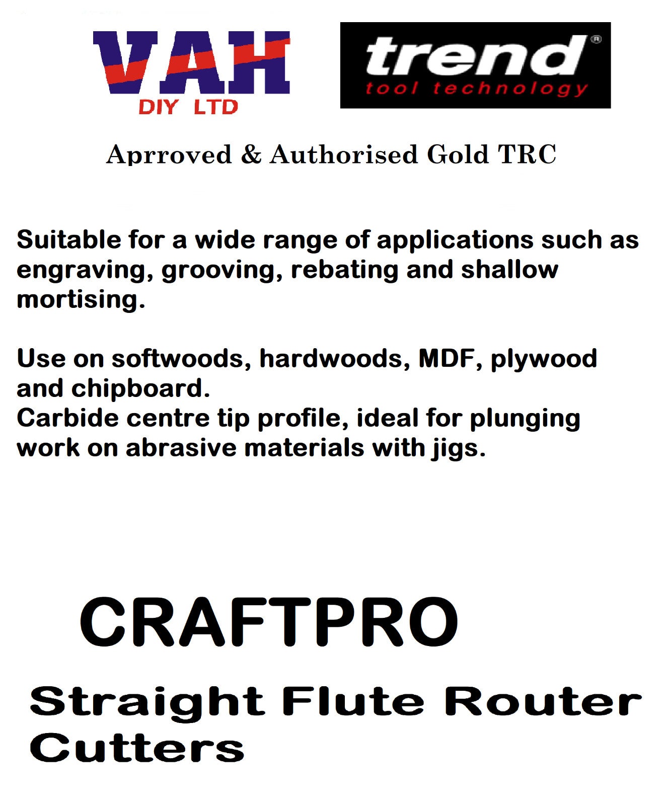 Trend 1/4&1/2  Shank CraftPro TCT 2 Flute Straight Router Cutter Bit FULL RANGE