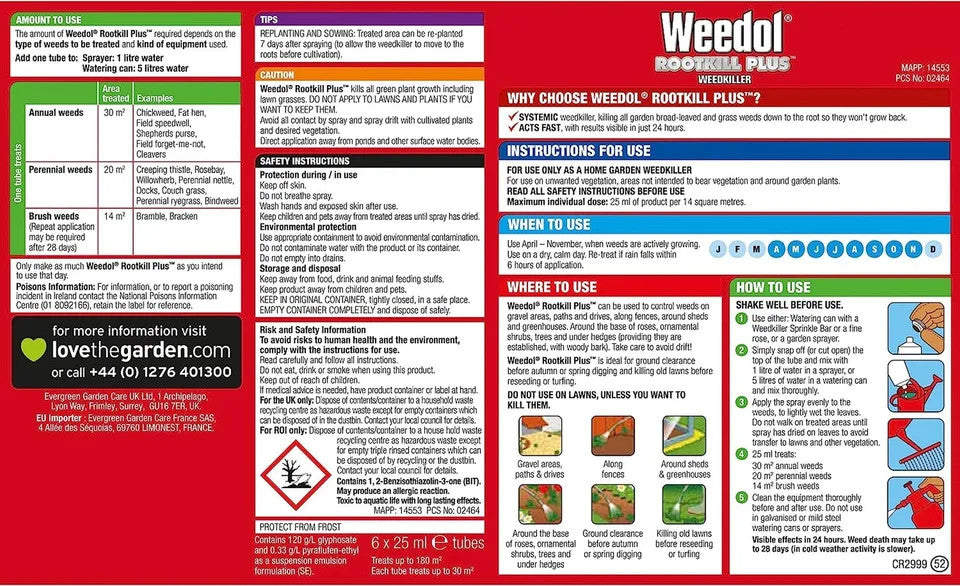 Weedol Rootkill Plus Weedkiller Liquid Concentrate 6 Tubes 25ml Treats